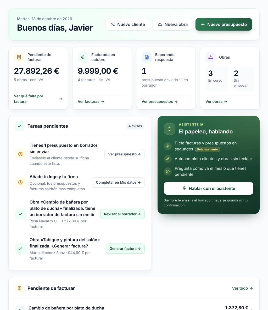 Inicio de Ofirax en el ordenador: saludo, accesos para crear cliente, obra o presupuesto, cuatro cifras y las tareas pendientes.