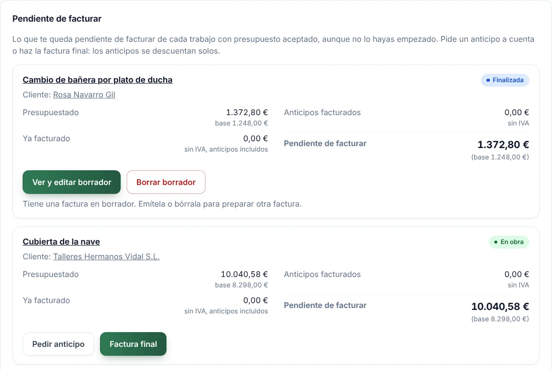 Panel «Pendiente de facturar»: por cada obra, lo presupuestado, lo ya facturado y lo que queda, con los botones «Pedir anticipo» y «Factura final».
